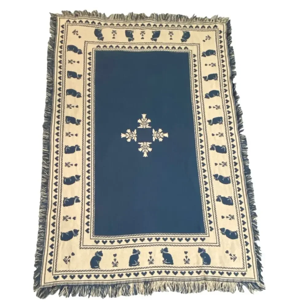 Vintage Cats & Hearts Tapestry Reversible Throw Blanket Fringe Navy Blue Kitty
